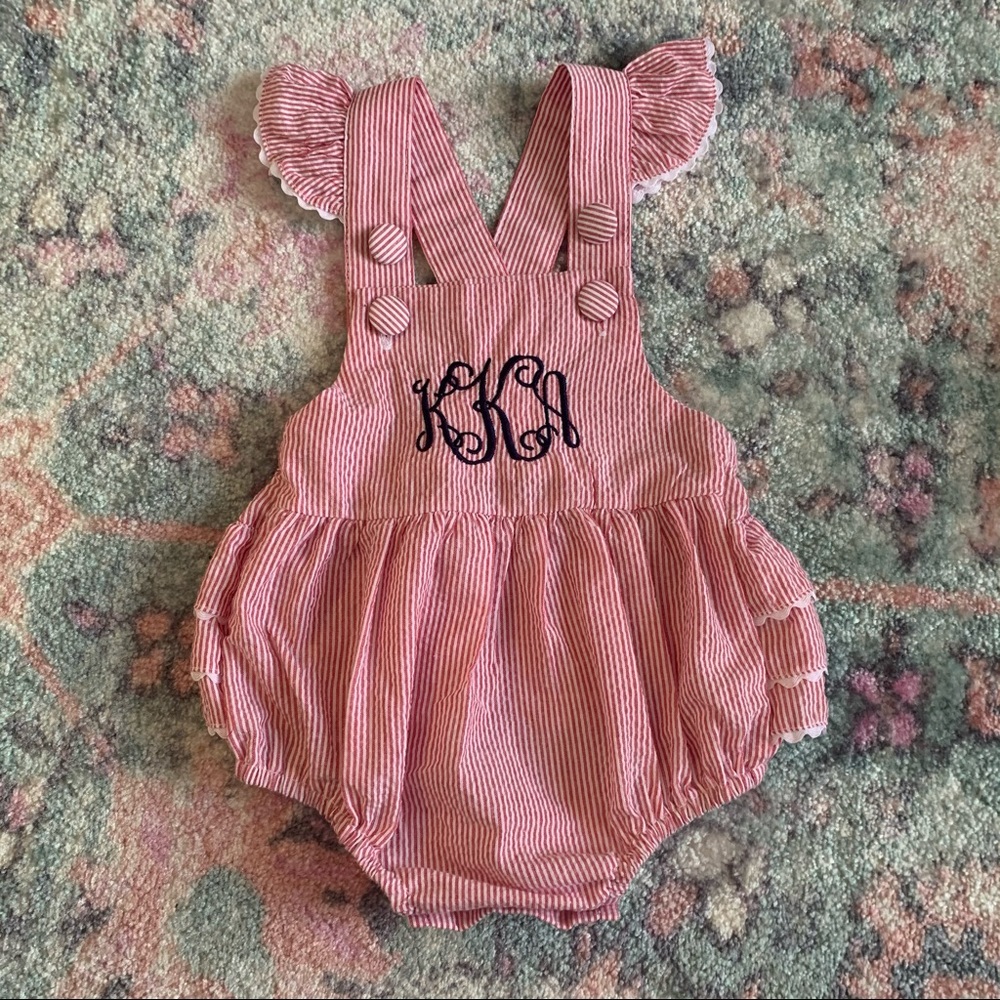 Red Seersucker Ruffle Sunsuit w Monogram “kKa”
